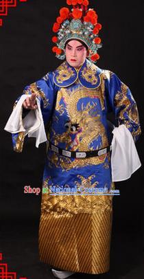 Traditional Chinese Beijing Opera Emperor Clothing and Headwear Complete Set, China Peking Opera His Royal Highness Embroidered Dragon Robe Blue Opera Costumes