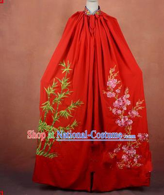 Traditional Chinese Beijing Opera Shaoxing Opera Young Lady Clothing Red Cloak, China Peking Opera Diva Role Hua Tan Costume Embroidered Plum Blossoms Orchid Bamboo and Chrysanthemum Mantle