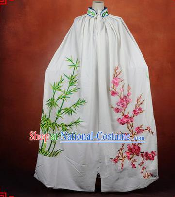 Traditional Chinese Beijing Opera Shaoxing Opera Young Lady Clothing White Cloak, China Peking Opera Diva Role Hua Tan Costume Embroidered Plum Blossoms Orchid Bamboo and Chrysanthemum Mantle