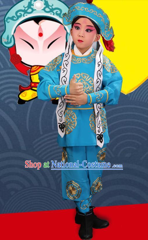 Traditional Chinese Beijing Opera Children Martial Blue Clothing, China Peking Opera Wu Sheng Costumes and Shoes Complete Set for Kids