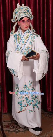 Traditional Chinese Beijing Opera Niche White Dress Clothing and Boots Complete Set, China Peking Opera Young Men Costume Embroidered Wintersweet Robe Opera Costumes