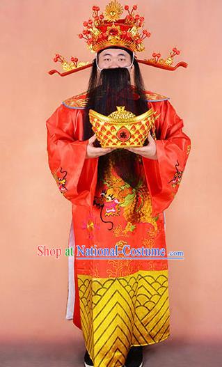 Traditional Chinese Beijing Opera Niche God of Wealth Clothing and Boots Complete Set, China Peking Opera Mammon Embroidered Robe Opera Costumes