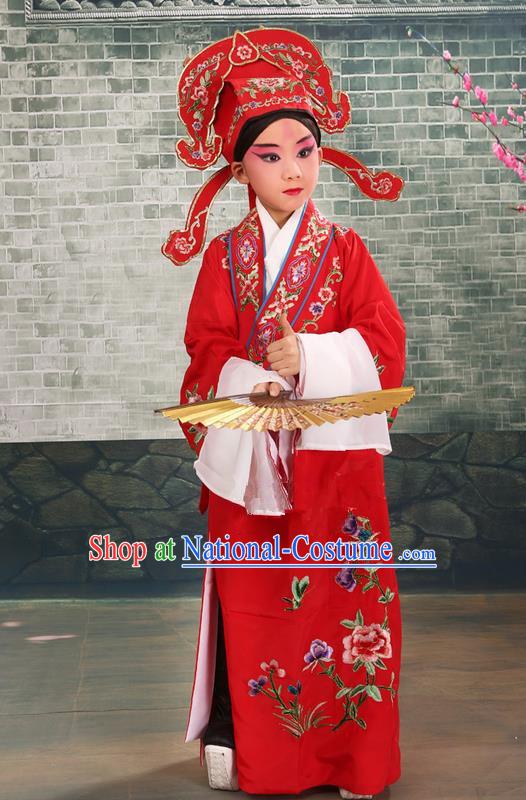 Traditional Chinese Beijing Opera Niche Red Children Clothing and Boots Complete Set, China Peking Opera Young Men Costume Embroidered Robe for Kids