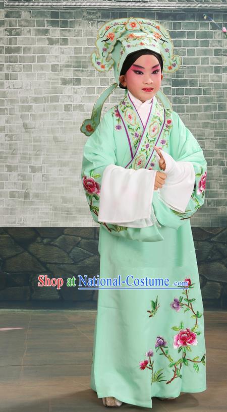 Traditional Chinese Beijing Opera Niche Green Children Clothing and Boots Complete Set, China Peking Opera Young Men Costume Embroidered Robe for Kids