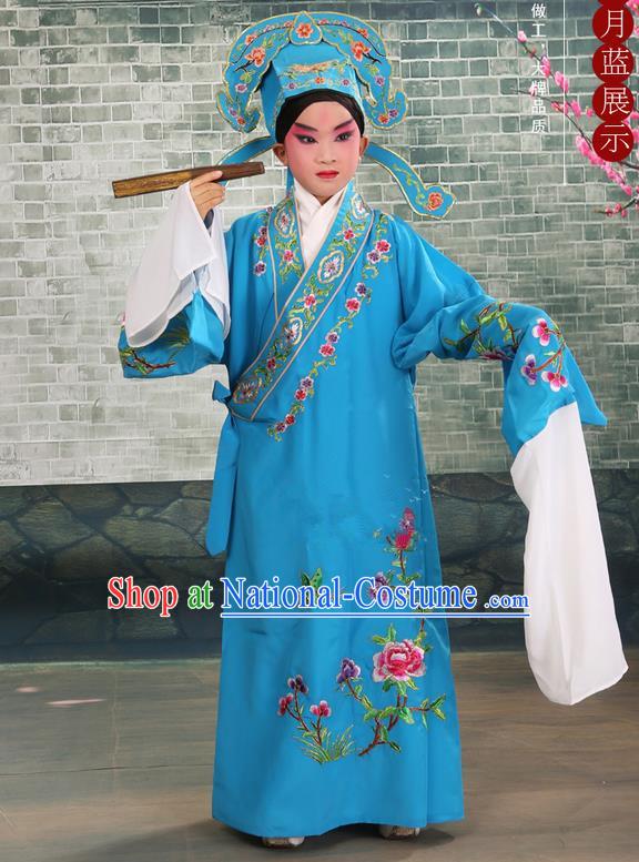 Traditional Chinese Beijing Opera Niche Blue Children Clothing and Boots Complete Set, China Peking Opera Young Men Costume Embroidered Robe for Kids