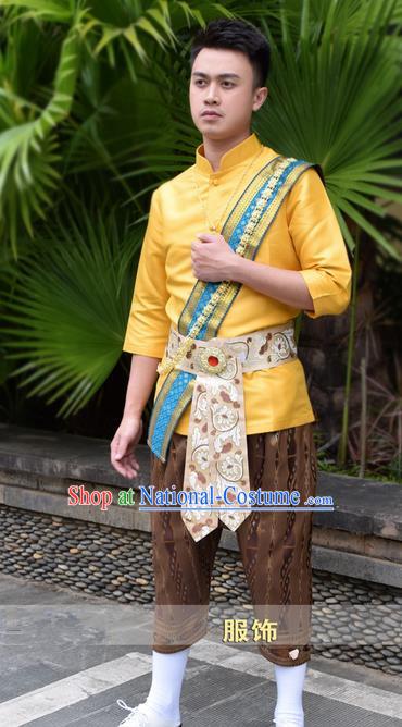 Traditional Traditional Thailand Male Clothing, Southeast Asia Thai Ancient Costumes Dai Nationality Golden Shirt and Pants for Men