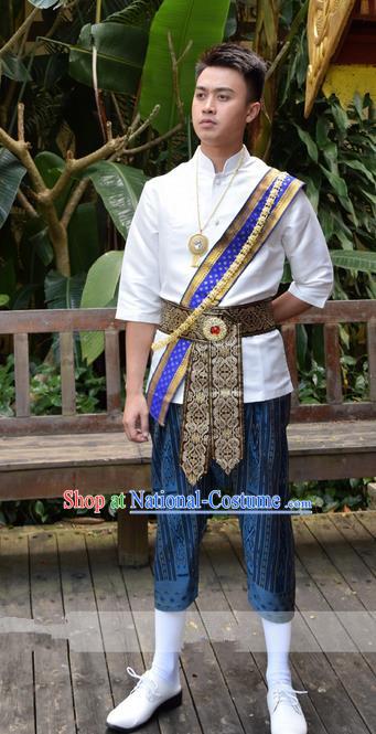 Traditional Traditional Thailand Male Clothing, Southeast Asia Thai Ancient Costumes Dai Nationality White Shirt and Pants for Men