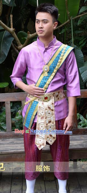 Traditional Traditional Thailand Male Clothing, Southeast Asia Thai Ancient Costumes Dai Nationality Purple Shirt and Pants for Men