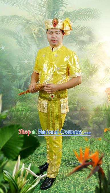 Traditional Traditional Thailand Male Clothing, Southeast Asia Thai Ancient Costumes Dai Nationality Embroidery Green Shirt and Pants Complete Set for Men