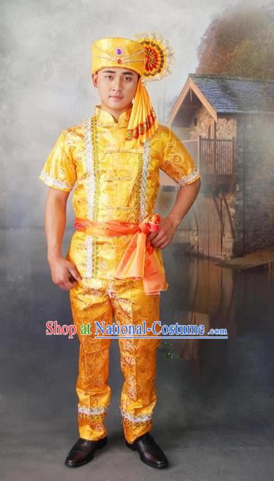 Traditional Traditional Thailand Male Clothing, Southeast Asia Thai Ancient Costumes Dai Nationality Golden Shirt and Pants Complete Set for Men