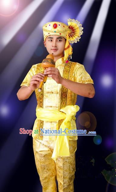 Traditional Traditional Thailand Male Clothing, Southeast Asia Thai Ancient Costumes Dai Nationality Golden Short Sleeve Shirt and Pants Complete Set for Men