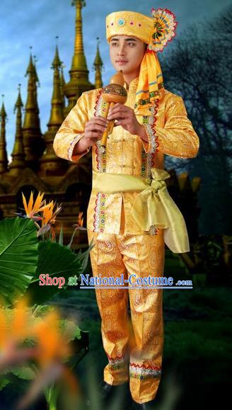 Traditional Traditional Thailand Male Clothing, Southeast Asia Thai Ancient Costumes Dai Nationality Golden Long Sleeve Shirt and Pants Complete Set for Men