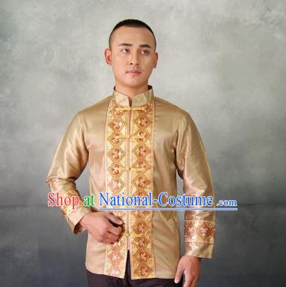 Traditional Traditional Thailand Male Clothing, Southeast Asia Thai Ancient Costumes Dai Nationality Golden Shirt for Men