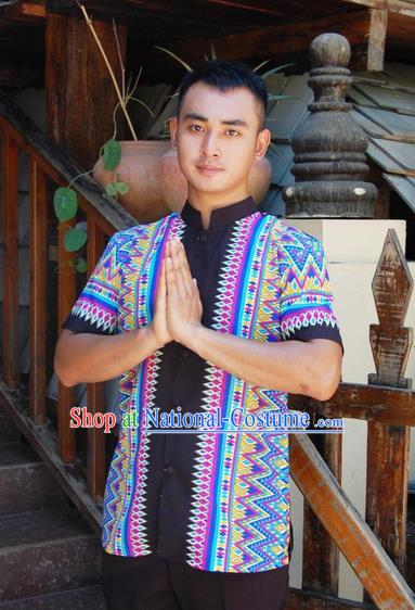 Traditional Traditional Thailand Male Clothing, Southeast Asia Thai Ancient Costumes Dai Nationality Blue Shirt for Men