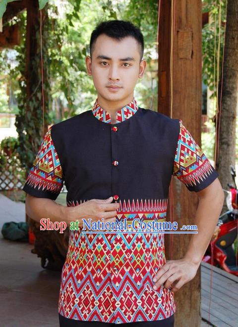 Traditional Traditional Thailand Male Clothing, Southeast Asia Thai Ancient Costumes Dai Nationality Printing Red Shirt for Men