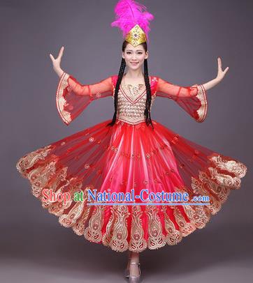 Traditional Chinese Uyghur Nationality Dancing Costume, Folk Dance Ethnic Costume, Chinese Minority Nationality Uigurian Dance Dress for Women