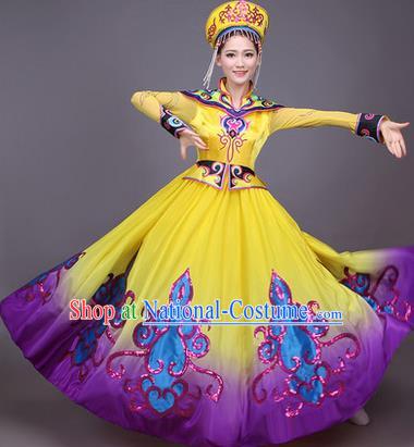 Traditional Chinese Mongol Nationality Dance Costume, Mongols Female Folk Dance Ethnic Pleated Skirt, Chinese Mongolian Minority Nationality Embroidery Dress for Women