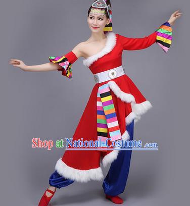 Traditional Chinese Zang Nationality Dance Costume, Folk Dance Ethnic Clothing Suit, Chinese Tibetan Minority Nationality Red Dress for Women