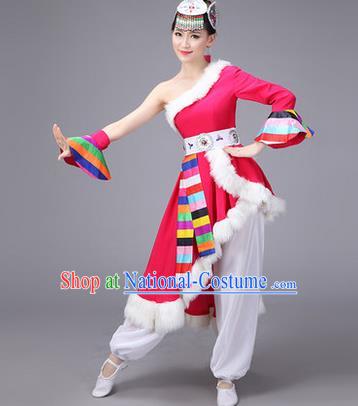 Traditional Chinese Zang Nationality Dance Costume, Folk Dance Ethnic Clothing Suit, Chinese Tibetan Minority Nationality Rosy Dress for Women