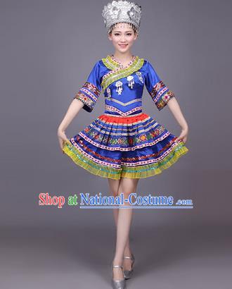 Traditional Chinese Miao Nationality Dance Costume, Hmong Female Folk Dance Ethnic Pleated Skirt, Chinese Minority Nationality Embroidery Blue Dress for Women