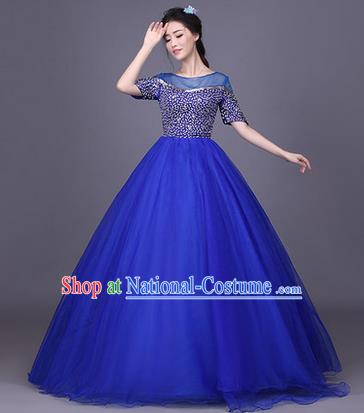 Traditional Chinese Modern Dance Compere Performance Costume, China Opening Dance Chorus Singing Group Clothing, Classical Dance Blue Bubble Dress for Women