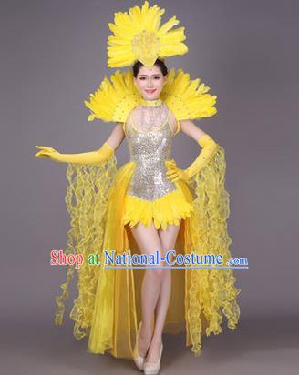 Traditional Chinese Modern Dance Performance Costume, China Opening Dance Samba Dance Clothing, Classical Dance Yellow Dress for Women