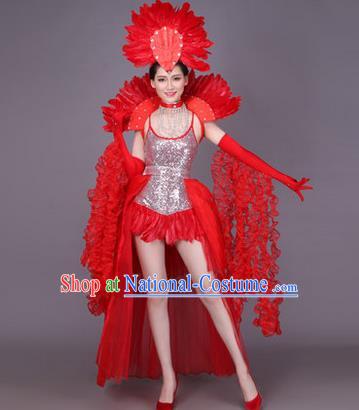 Traditional Chinese Modern Dance Performance Costume, China Opening Dance Samba Dance Clothing, Classical Dance Red Dress for Women