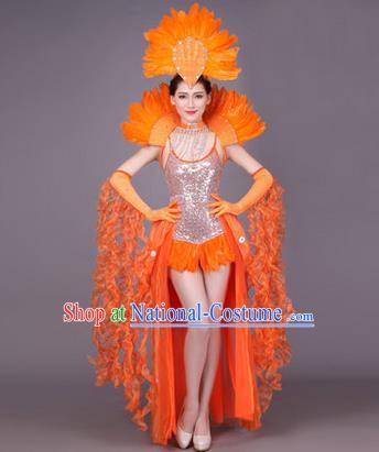 Traditional Chinese Modern Dance Performance Costume, China Opening Dance Samba Dance Clothing, Classical Dance Orange Dress for Women