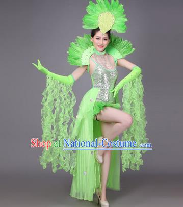 Traditional Chinese Modern Dance Performance Costume, China Opening Dance Samba Dance Clothing, Classical Dance Green Dress for Women