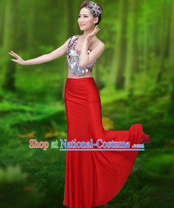 Traditional Chinese Dai Nationality Peacock Dance Costume, Folk Dance Ethnic Pavane Clothing, Chinese Minority Nationality Dance Red Dress for Women