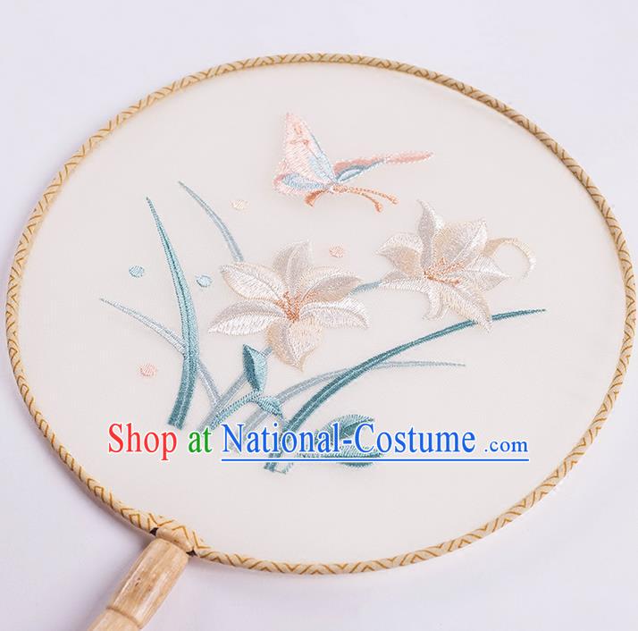 Traditional Chinese Ancient Silk Embroidered Orchids Round Fans for Women