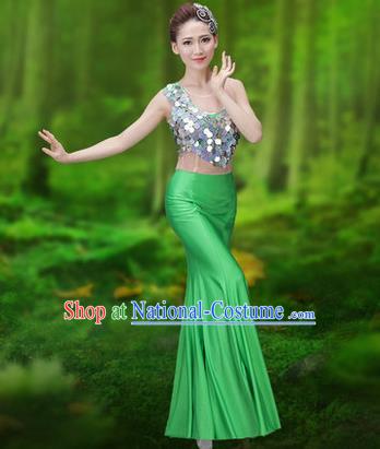 Traditional Chinese Dai Nationality Peacock Dance Costume, Folk Dance Ethnic Pavane Clothing, Chinese Minority Nationality Dance Green Dress for Women