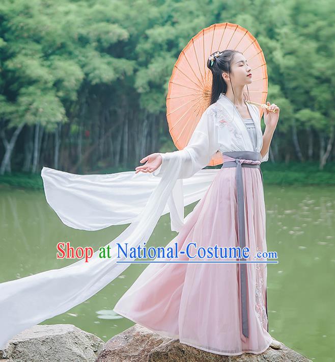 Traditional Chinese Song Dynasty Palace Lady Costume Complete Set, Elegant Hanfu Clothing Embroidered Cardigan Suspenders and Dress, Chinese Ancient Princess Clothing for Women