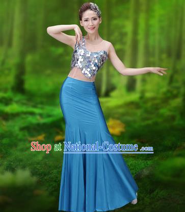 Traditional Chinese Dai Nationality Peacock Dance Costume, Folk Dance Ethnic Pavane Clothing, Chinese Minority Nationality Dance Blue Dress for Women