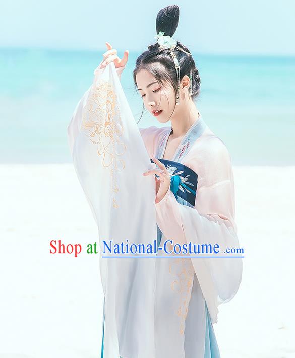 Traditional Chinese Tang Dynasty Palace Princess Embroidered Hanfu White Wide Wearing Silks for Women