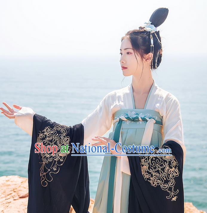 Traditional Chinese Tang Dynasty Palace Princess Embroidered Hanfu Black Wide Wearing Silks for Women