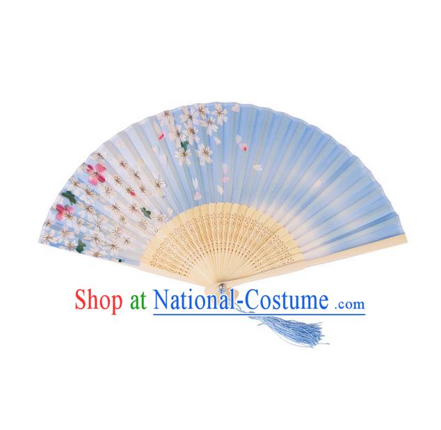 Traditional Chinese Ancient Hanfu Printing Blue Folding Fans for Women