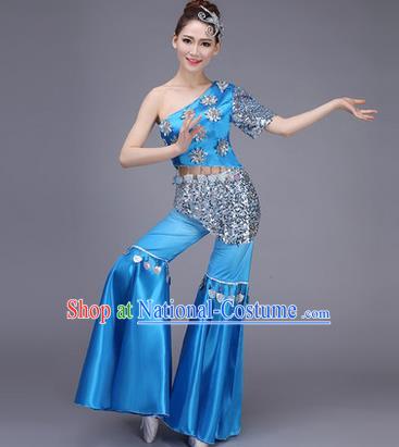 Traditional Chinese Dai Nationality Peacock Dance Costume, Folk Dance Ethnic Pavane Clothing, Chinese Minority Nationality Dance Blue Suit for Women