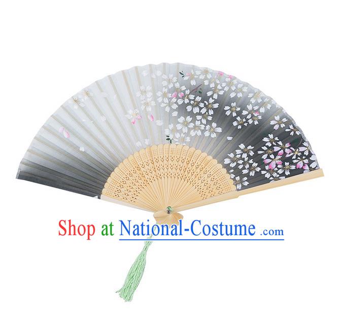 Traditional Chinese Ancient Hanfu Printing Green Folding Fans for Women