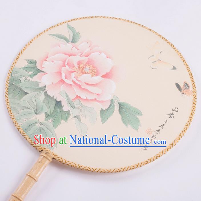 Traditional Chinese Ancient Hanfu Printing Peony Round Fans for Women