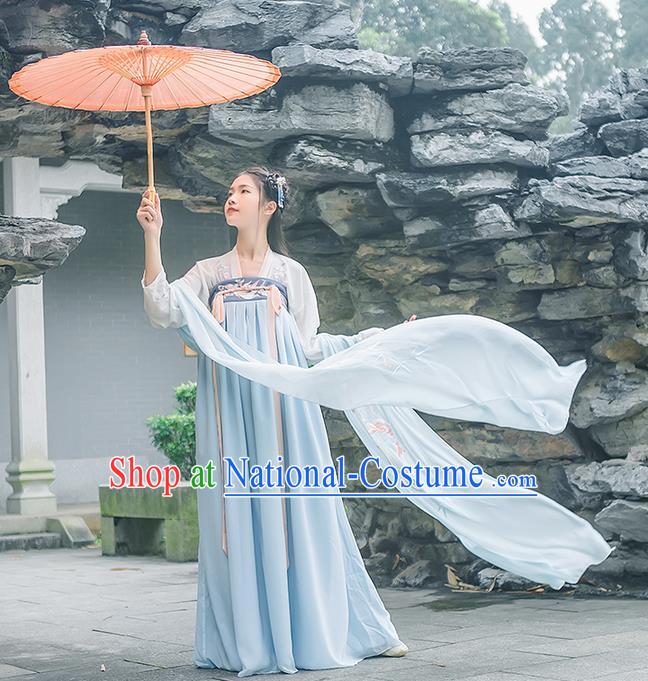 Traditional Chinese Tang Dynasty Palace Princess Embroidered Flowers Hanfu Blue Wide Wearing Silks for Women