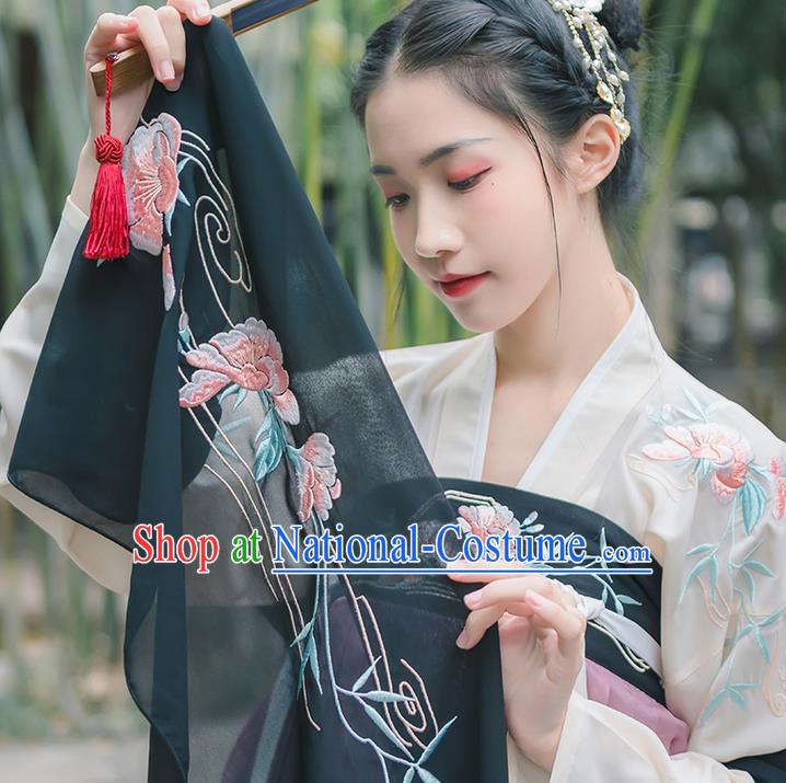 Traditional Chinese Tang Dynasty Palace Princess Embroidered Flowers Hanfu Black Wide Wearing Silks for Women