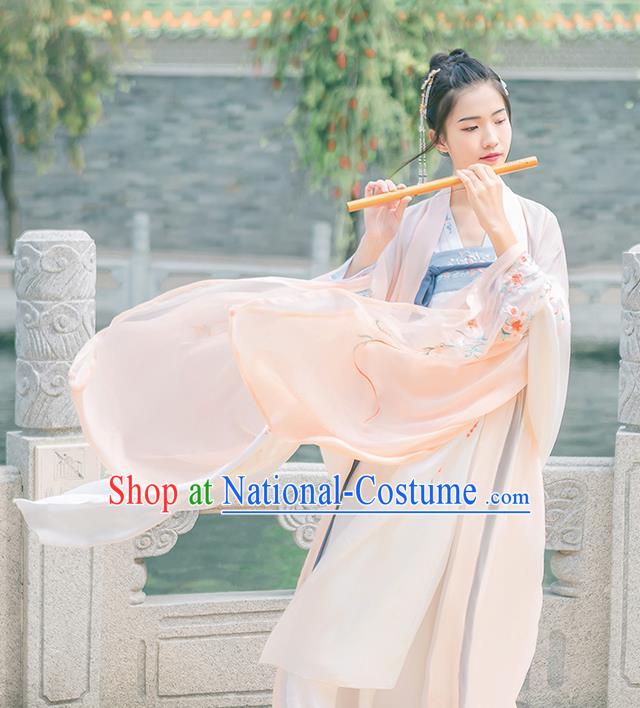 Traditional Chinese Tang Dynasty Young Lady Costume, Elegant Hanfu Clothing Embroidered Wide Sleeve Pink Cardigan, Chinese Ancient Princess Clothing for Women