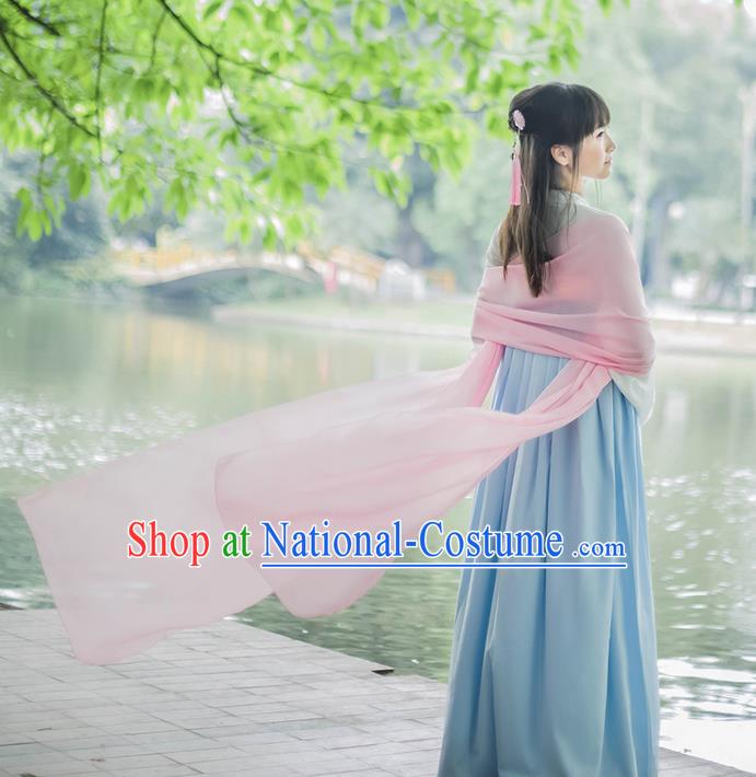 Traditional Chinese Tang Dynasty Palace Princess Pink Long Ribbons Wearing Silks for Women