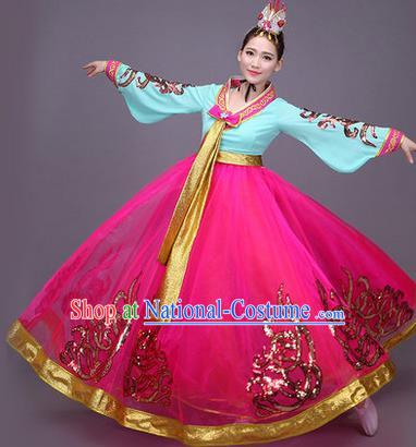 Traditional Korean Nationality Dance Costume, Chinese Minority Nationality Embroidery Hanbok Red Dress for Women