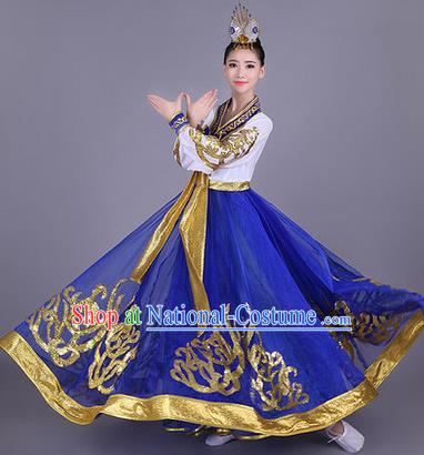 Traditional Korean Nationality Dance Costume, Chinese Minority Nationality Embroidery Hanbok Blue Dress for Women