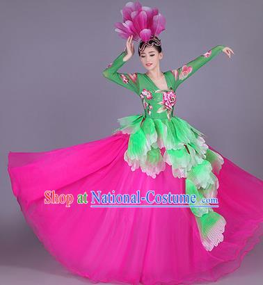 Top Grade China Opening Dance Costume, Female Chorus Classical Dance Dress, Chinese Modern Dance Big Swing Peony Bubble Dress for Women