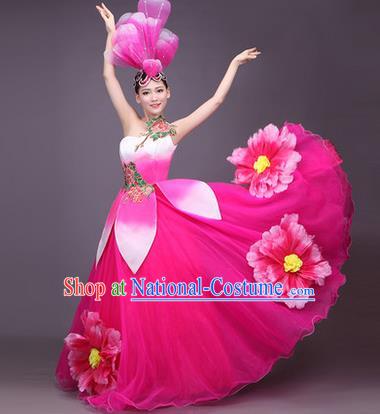 Top Grade China Opening Dance Costume, Female Chorus Classical Dance Dress, Chinese Modern Dance Big Swing Peony Pink Bubble Dress for Women