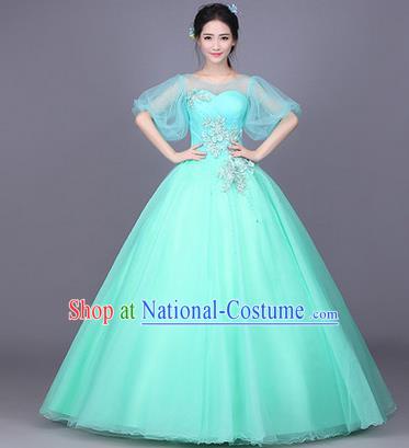 Traditional Chinese Modern Dance Performance Costume, China Opening Dance Full Dress, Classical Dance Blue Bubble Dress for Women