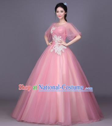 Traditional Chinese Modern Dance Performance Costume, China Opening Dance Full Dress, Classical Dance Pink Bubble Dress for Women